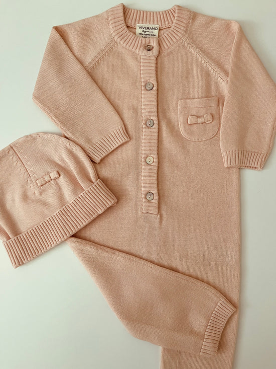 Milan Sweater Knit Button Baby Jumpsuit & Beanie Set